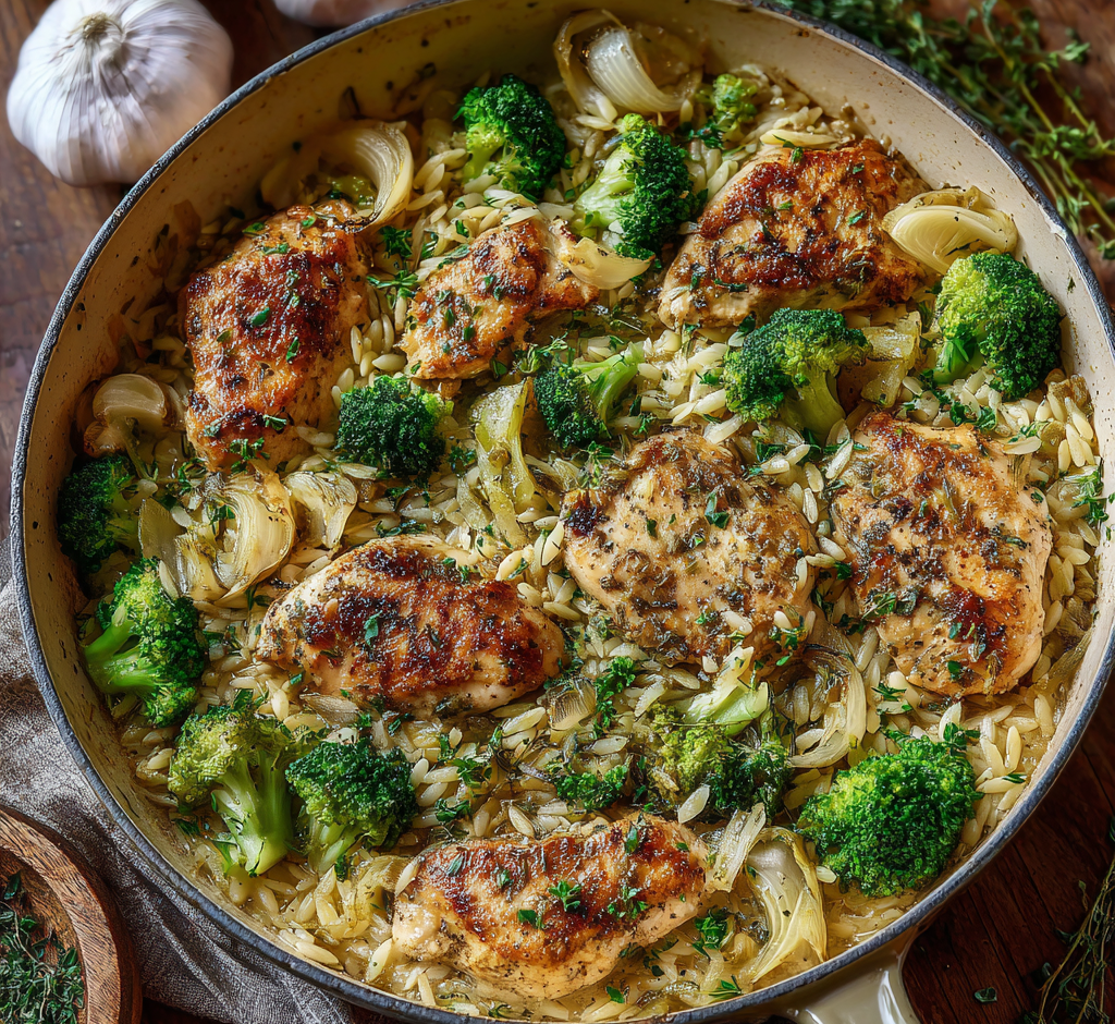 One-Pan Apple Cider Dijon Chicken with Orzo