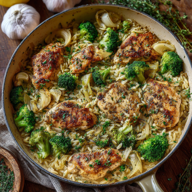 One-Pan Apple Cider Dijon Chicken with Orzo
