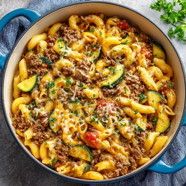 One-Pot Cheesy Beef and Zucchini Pasta