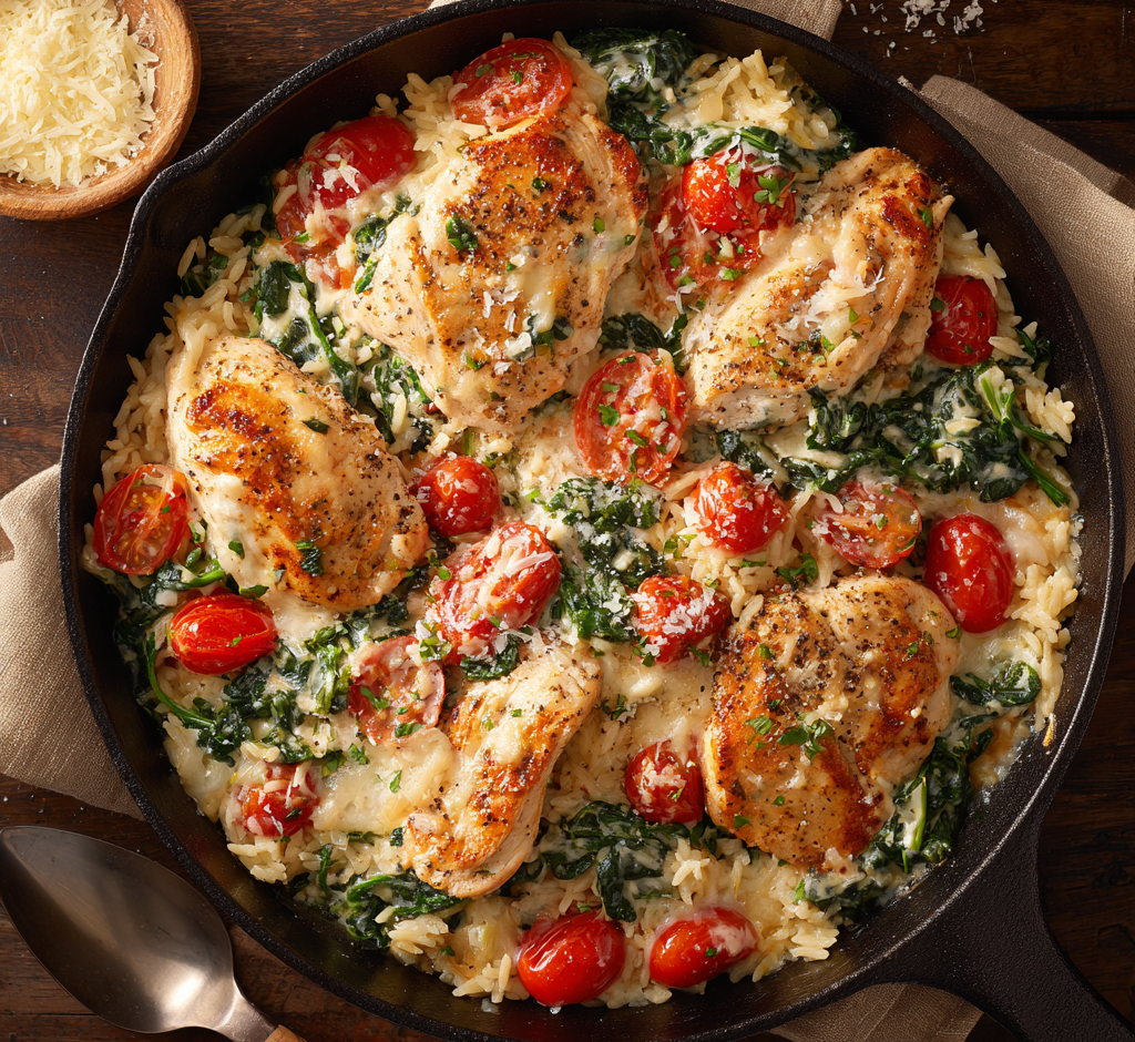 Creamy Tuscan Chicken & Rice Skillet