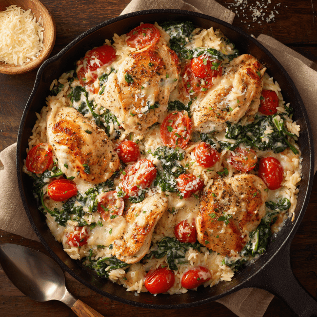 Creamy Tuscan Chicken & Rice Skillet