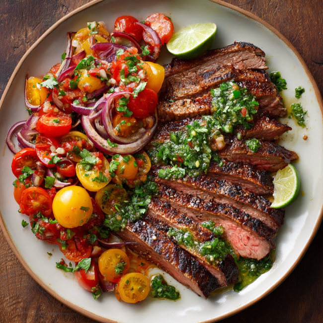 Seared Flank Steak with Roasted Tomato-Cilantro Salsa