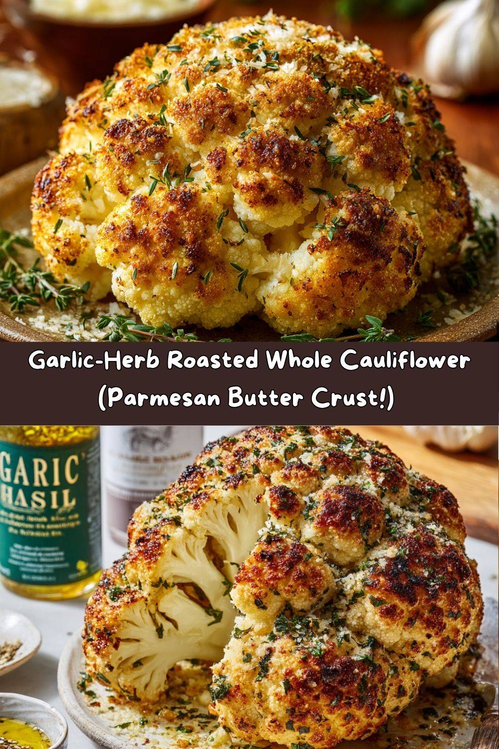 vGarlic-Herb Roasted Whole Cauliflower with Parmesan Butter Crust