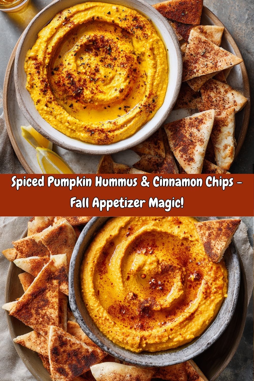 Spiced Pumpkin Hummus with Cinnamon Pita Chips