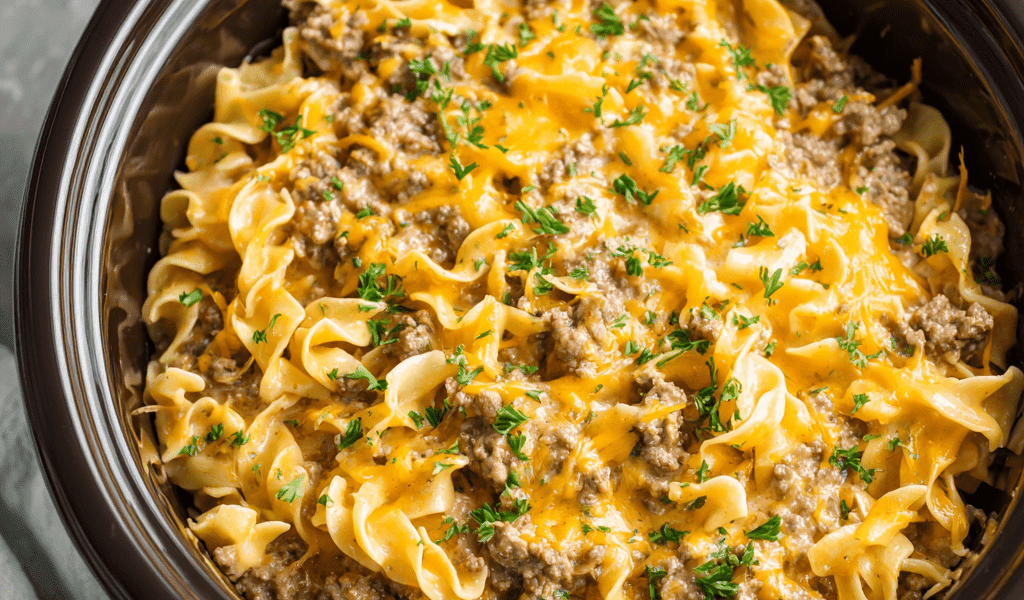 Easy Crockpot Cheesy Beef and Noodles