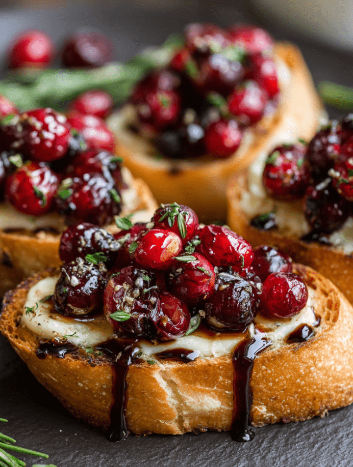Cranberry Brie Crostini with Rosemary Balsamic Glaze