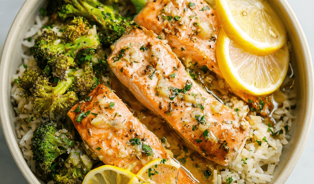 Garlic Lemon Salmon Rice Bowls