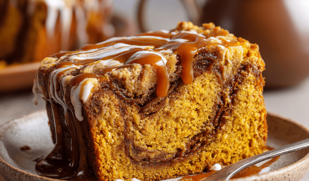 Brown Butter Pumpkin Spice Cake with Caramel Swirl