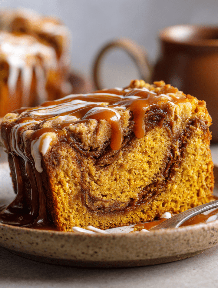 Brown Butter Pumpkin Spice Cake with Caramel Swirl
