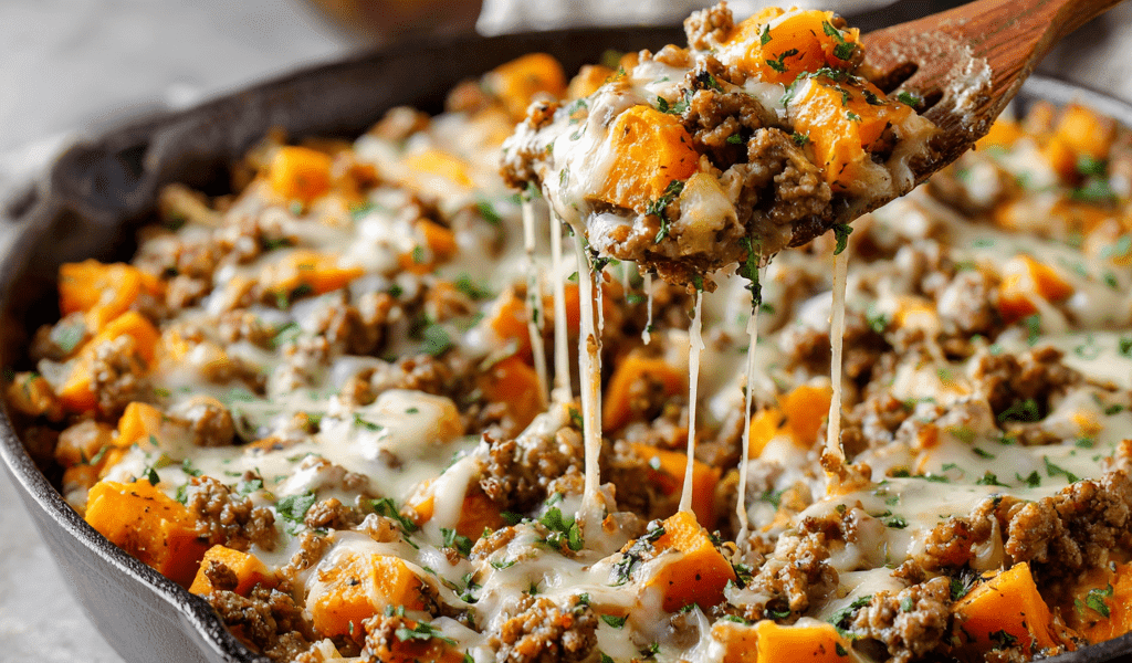 Cheesy Ground Turkey Sweet Potato Skillet