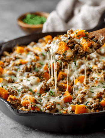 Cheesy Ground Turkey Sweet Potato Skillet