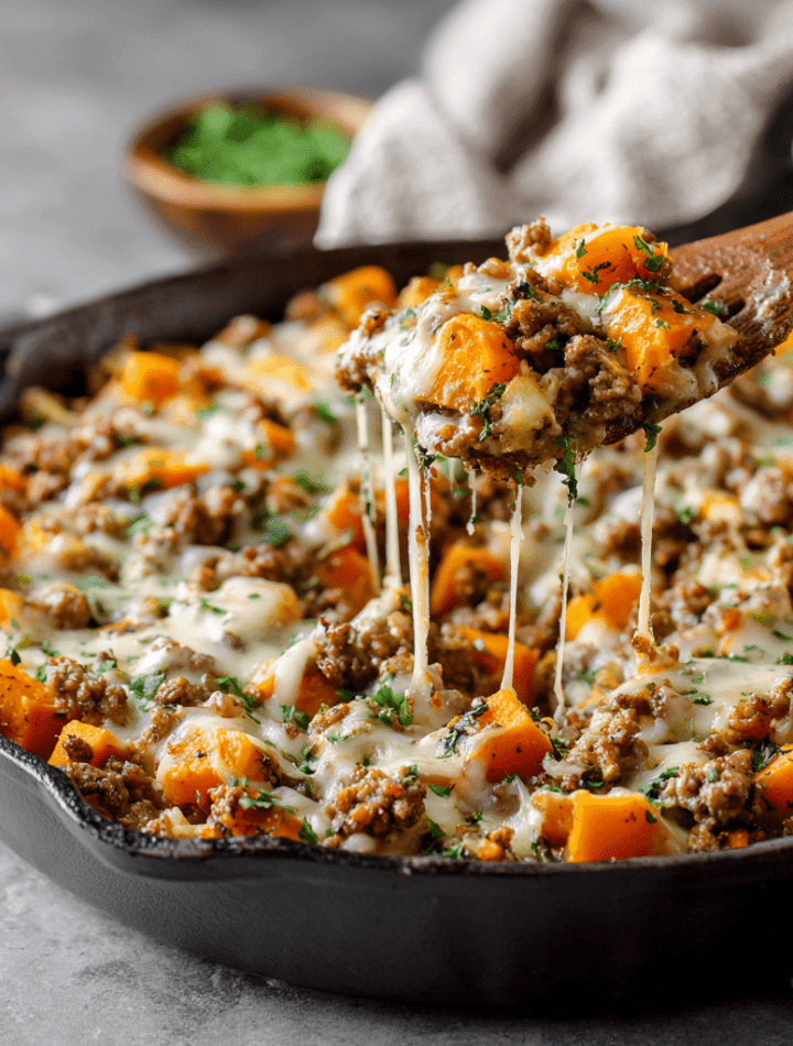 Cheesy Ground Turkey Sweet Potato Skillet