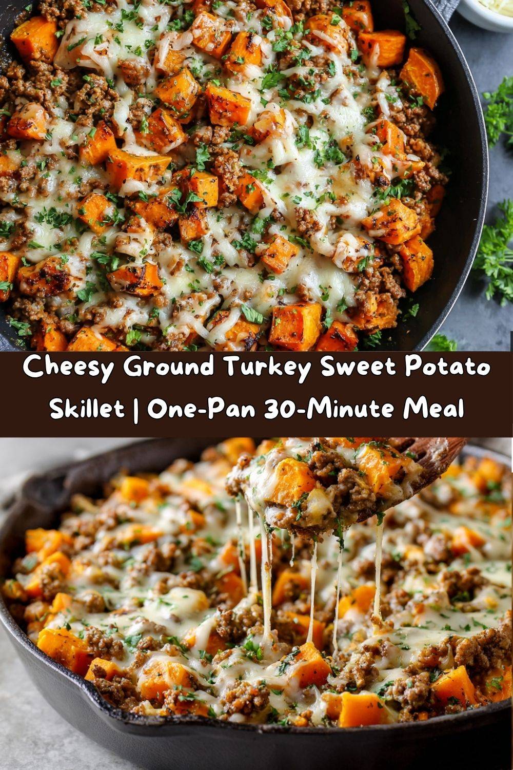 Cheesy Ground Turkey Sweet Potato Skillet