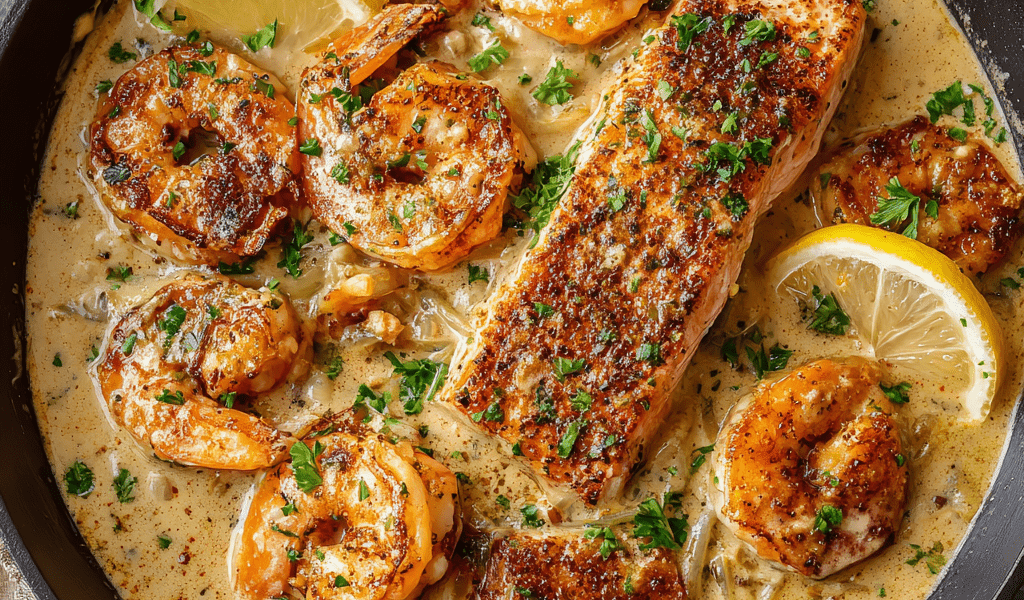 Cajun Shrimp & Salmon with Garlic Cream Sauce