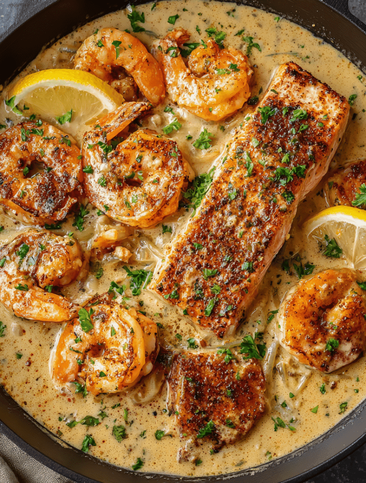 Cajun Shrimp & Salmon with Garlic Cream Sauce