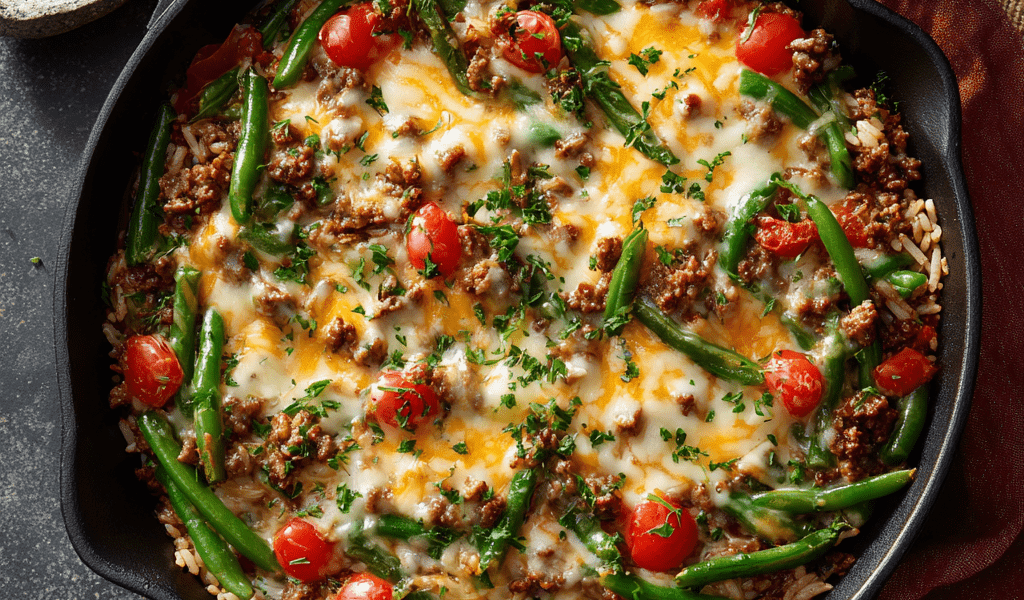 Cheesy Ground Beef & Green Bean Skillet Bake