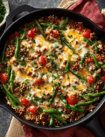 Cheesy Ground Beef & Green Bean Skillet Bake
