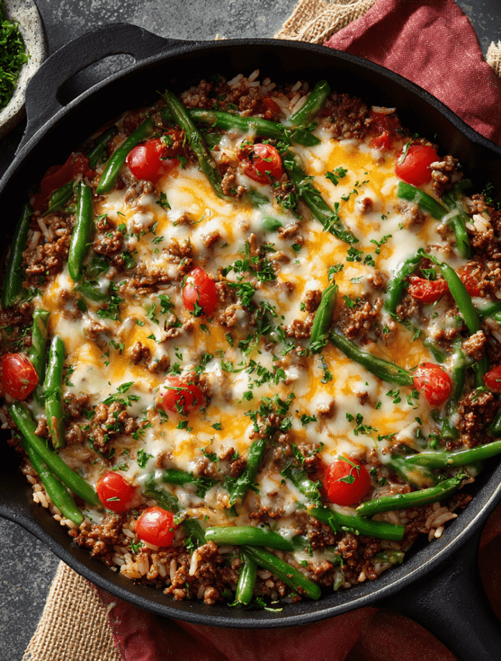 Cheesy Ground Beef & Green Bean Skillet Bake