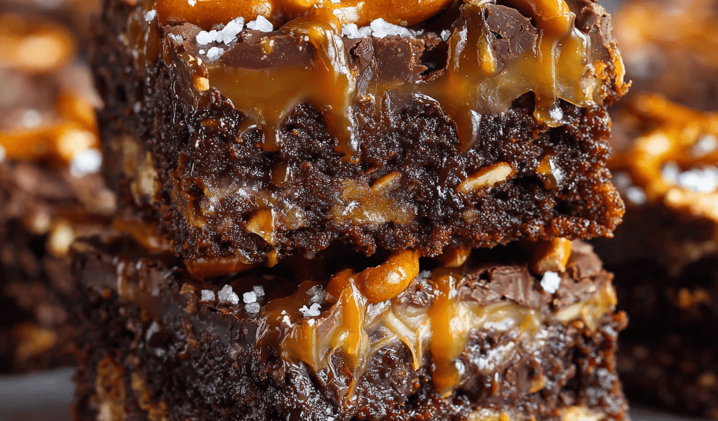 Salted Pretzel Bottom Caramel Brownies