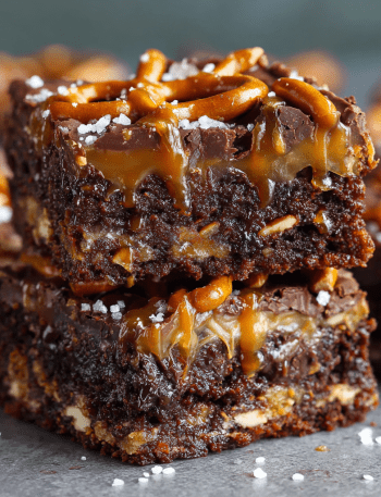 Salted Pretzel Bottom Caramel Brownies