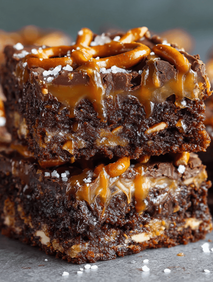 Salted Pretzel Bottom Caramel Brownies