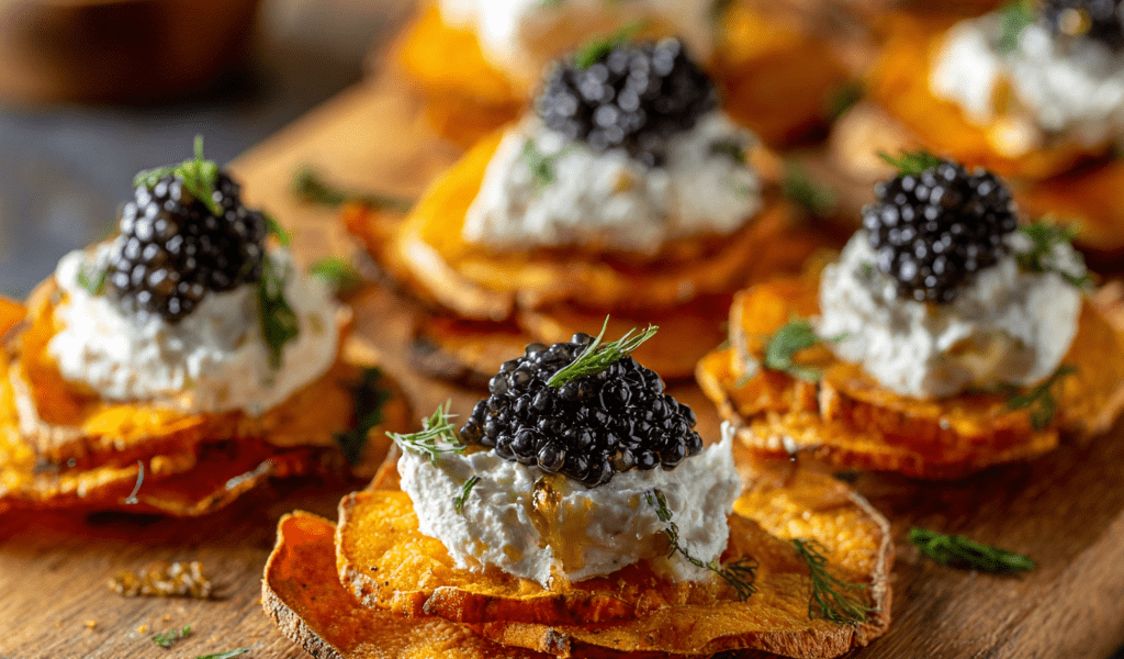 Sweet Potato Chips with Whipped Goat Cheese & Caviar