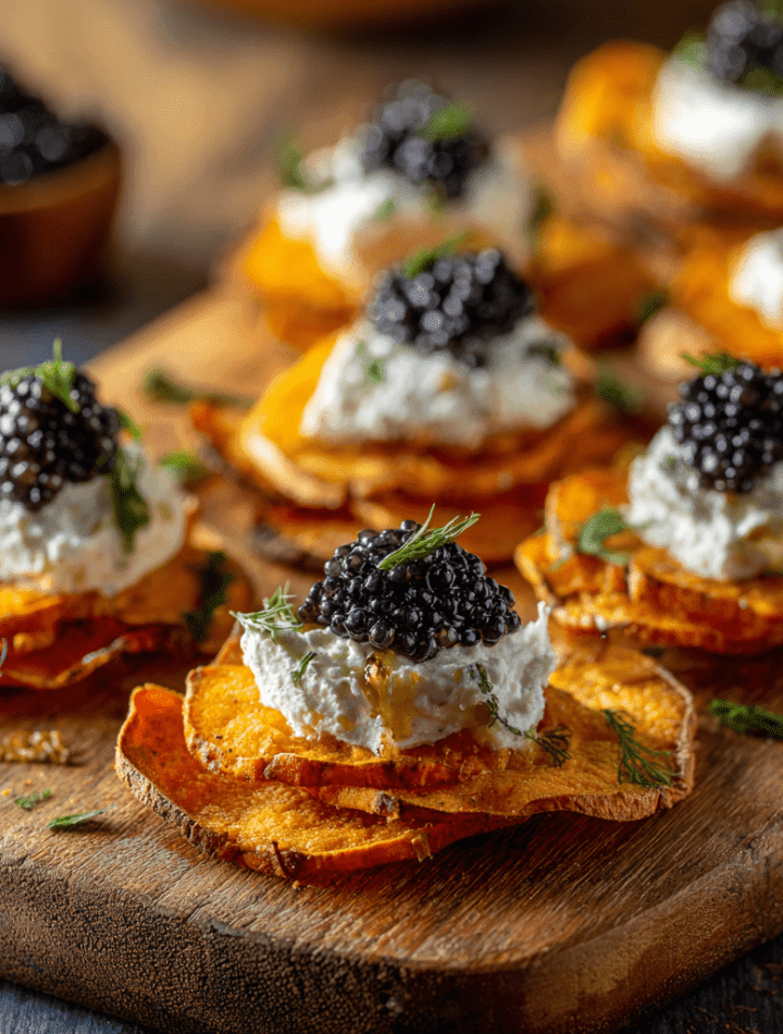 Sweet Potato Chips with Whipped Goat Cheese & Caviar