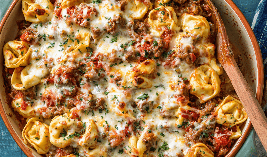 Cheesy Tortellini Sausage Bake with Alfredo