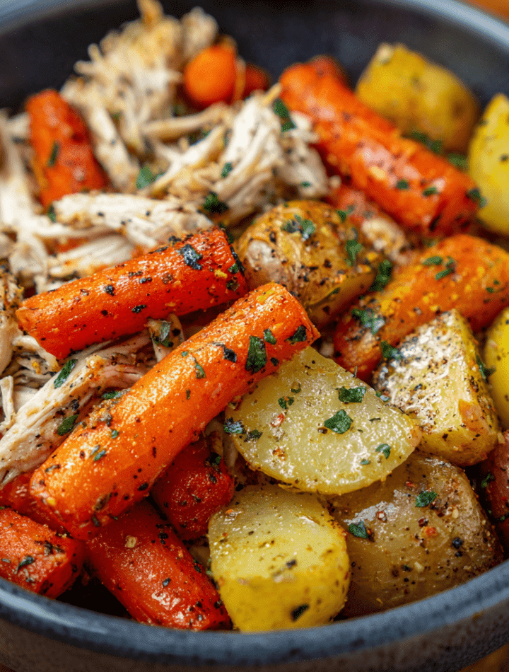 Easy Rotisserie Chicken Lunch Bowl with Roasted Carrots & Potatoes