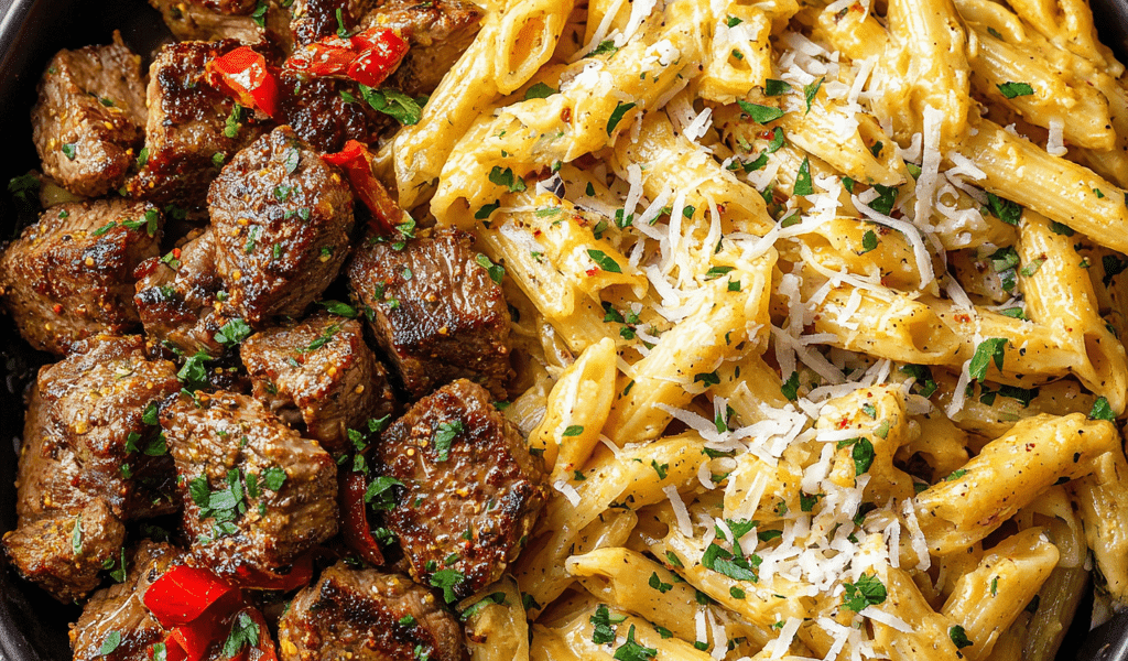 Cajun Garlic Butter Steak Bites with Cheesy Parmesan Penne