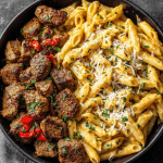 Cajun Garlic Butter Steak Bites with Cheesy Parmesan Penne