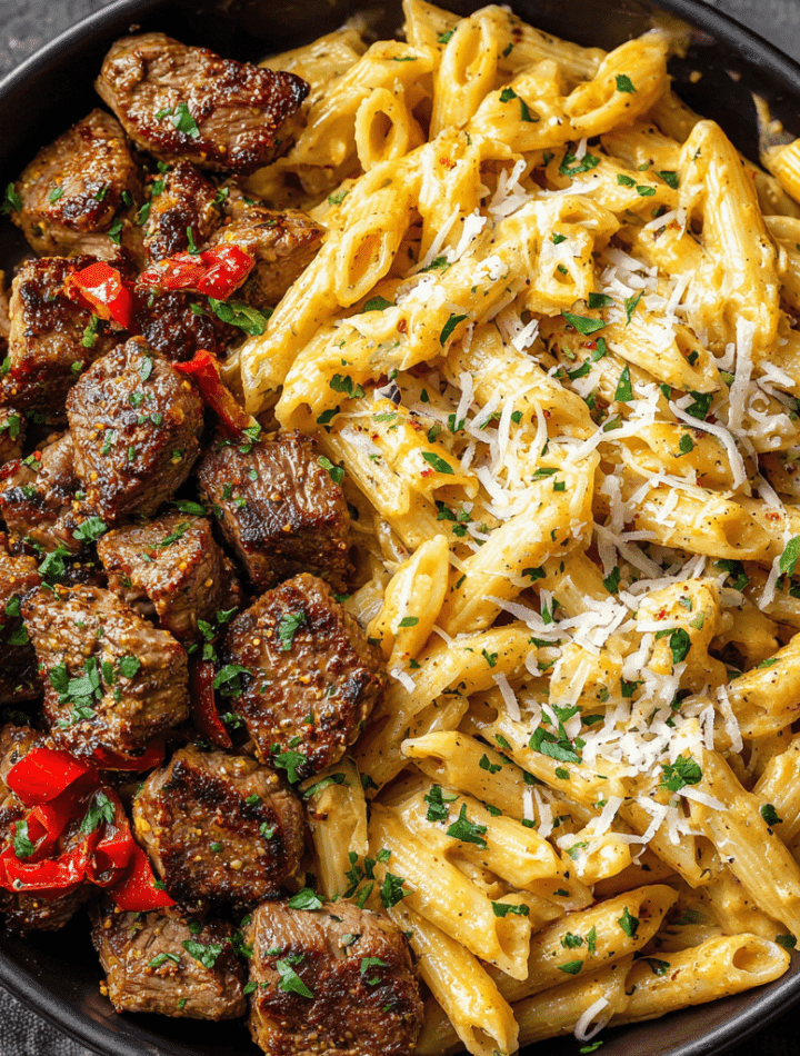 Cajun Garlic Butter Steak Bites with Cheesy Parmesan Penne