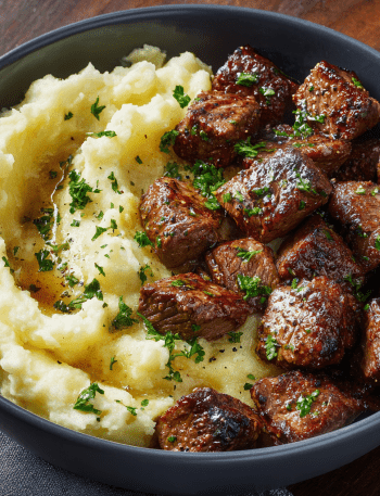 Garlic Butter Steak Bites with Creamy Mashed Potatoes