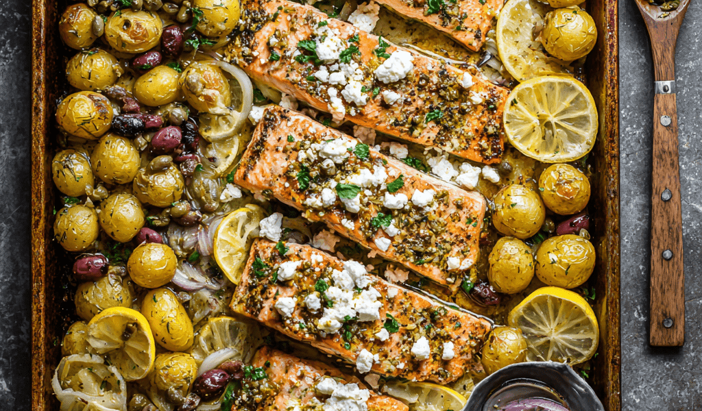 Greek Sheet Pan Salmon with Lemon Potatoes
