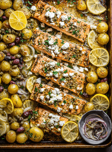 Greek Sheet Pan Salmon with Lemon Potatoes