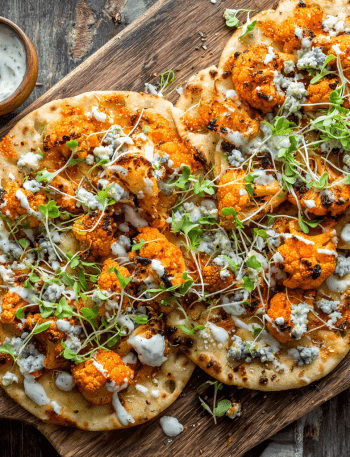 Buffalo Cauliflower Flatbread with Blue Cheese Drizzle