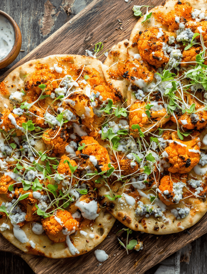 Buffalo Cauliflower Flatbread with Blue Cheese Drizzle