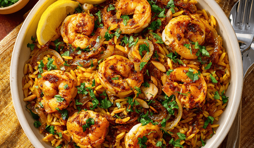 Moroccan Harissa Shrimp Orzo