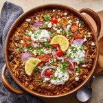 Greek Beef & Orzo Bake with Lemon Feta Crust