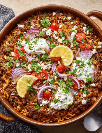 Greek Beef & Orzo Bake with Lemon Feta Crust