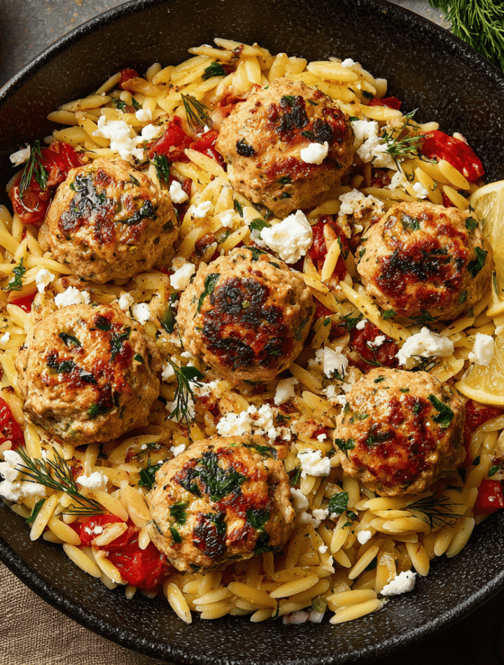 Greek Chicken Meatballs with Lemon Orzo