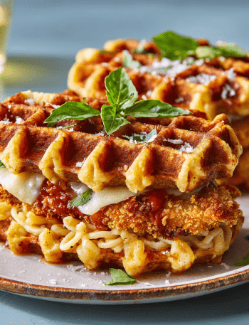 Crispy Chicken Parm Waffle Pasta Sandwiches