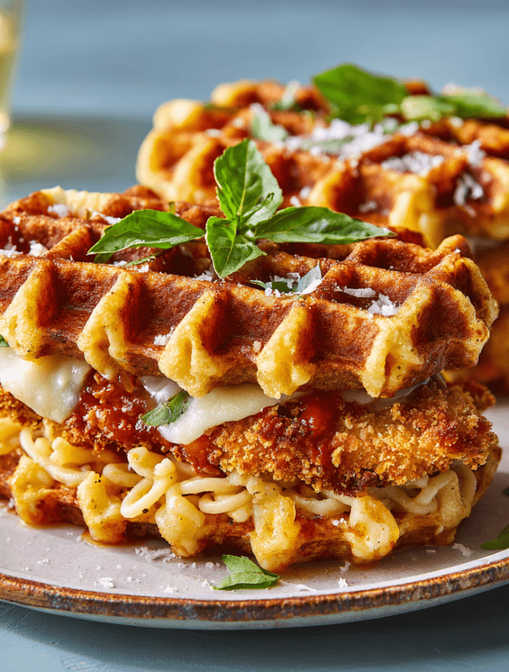Crispy Chicken Parm Waffle Pasta Sandwiches