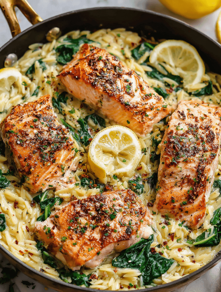 One Skillet Lemon Salmon with Creamy Orzo