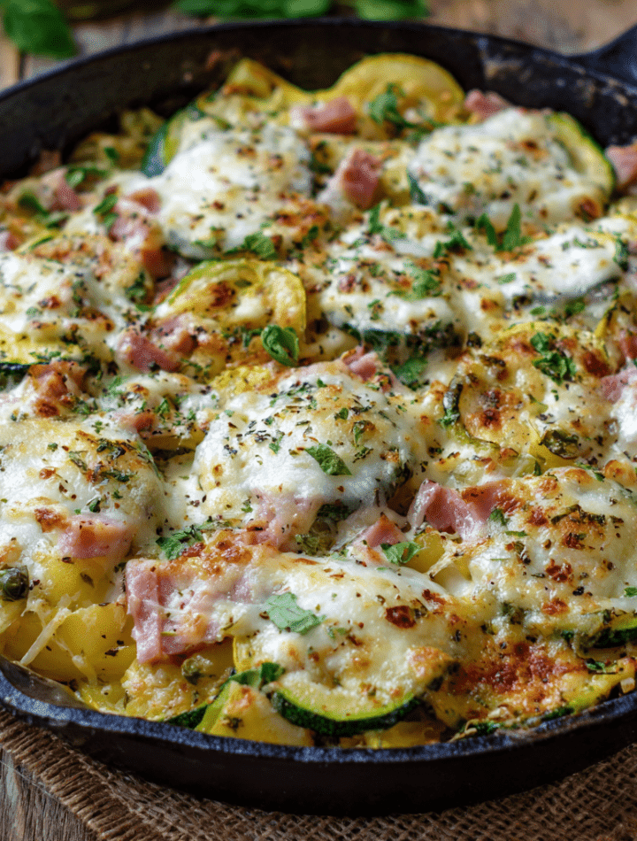Cheesy Zucchini & Ham Skillet Bake