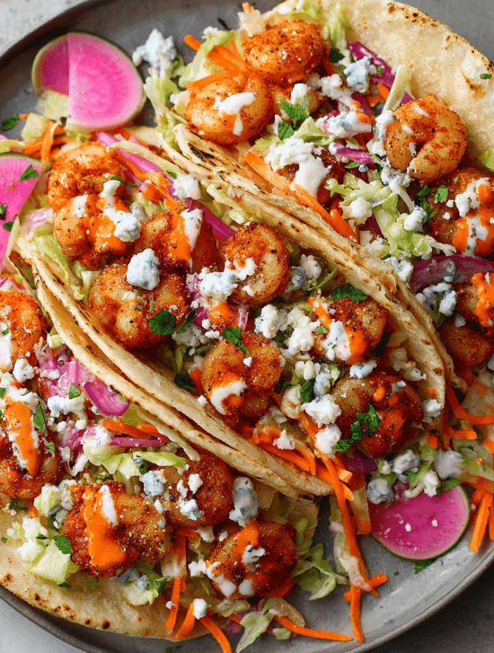 Buffalo Shrimp Tacos with Celery Slaw