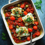 Baked Cod with Tomatoes, Olives & Capers