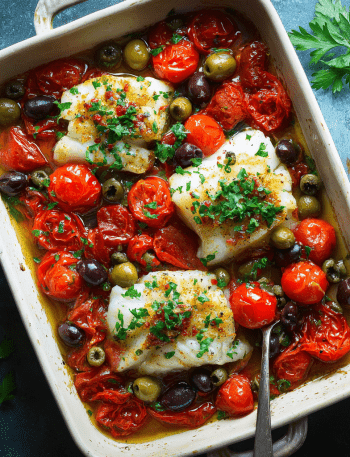 Baked Cod with Tomatoes, Olives & Capers