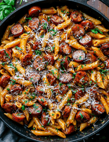 Sticky Honey Garlic Sausage Pasta Skillet