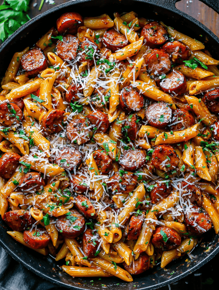 Sticky Honey Garlic Sausage Pasta Skillet